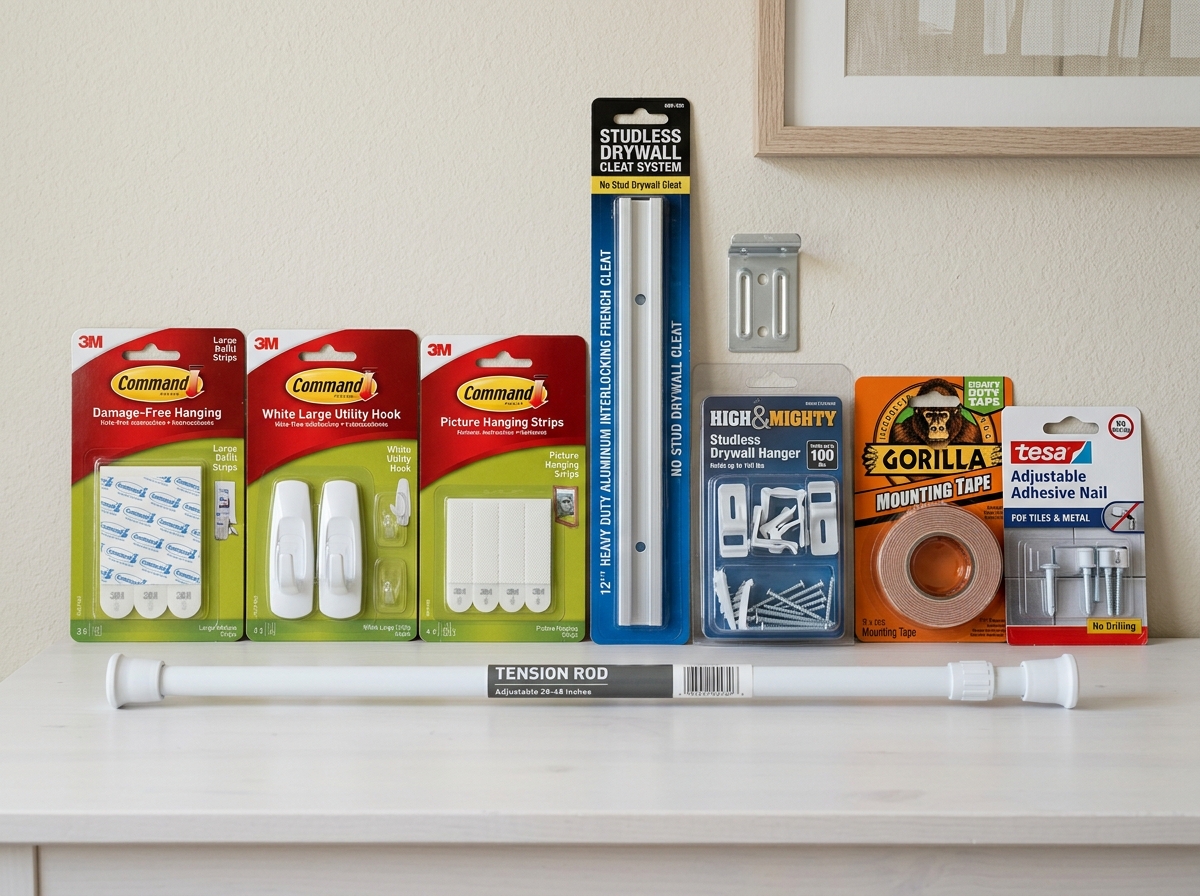 various adhesive and tension-based mounting hardware - hole free wall mounting various adhesive and tension-based mounting hardware - hole free wall mounting