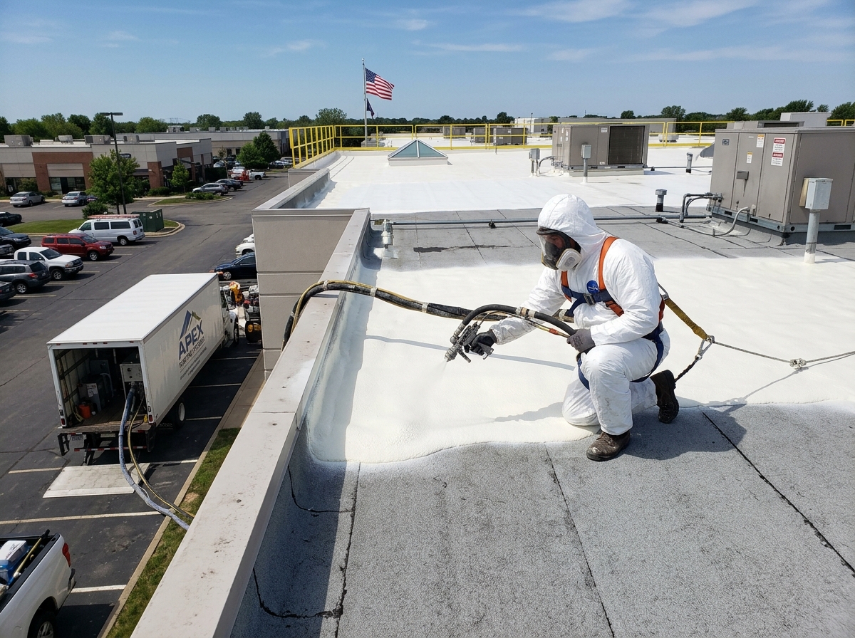 Professional spray foam roofing application showing the seamless white foam expanding over a roof surface - foam roofing
