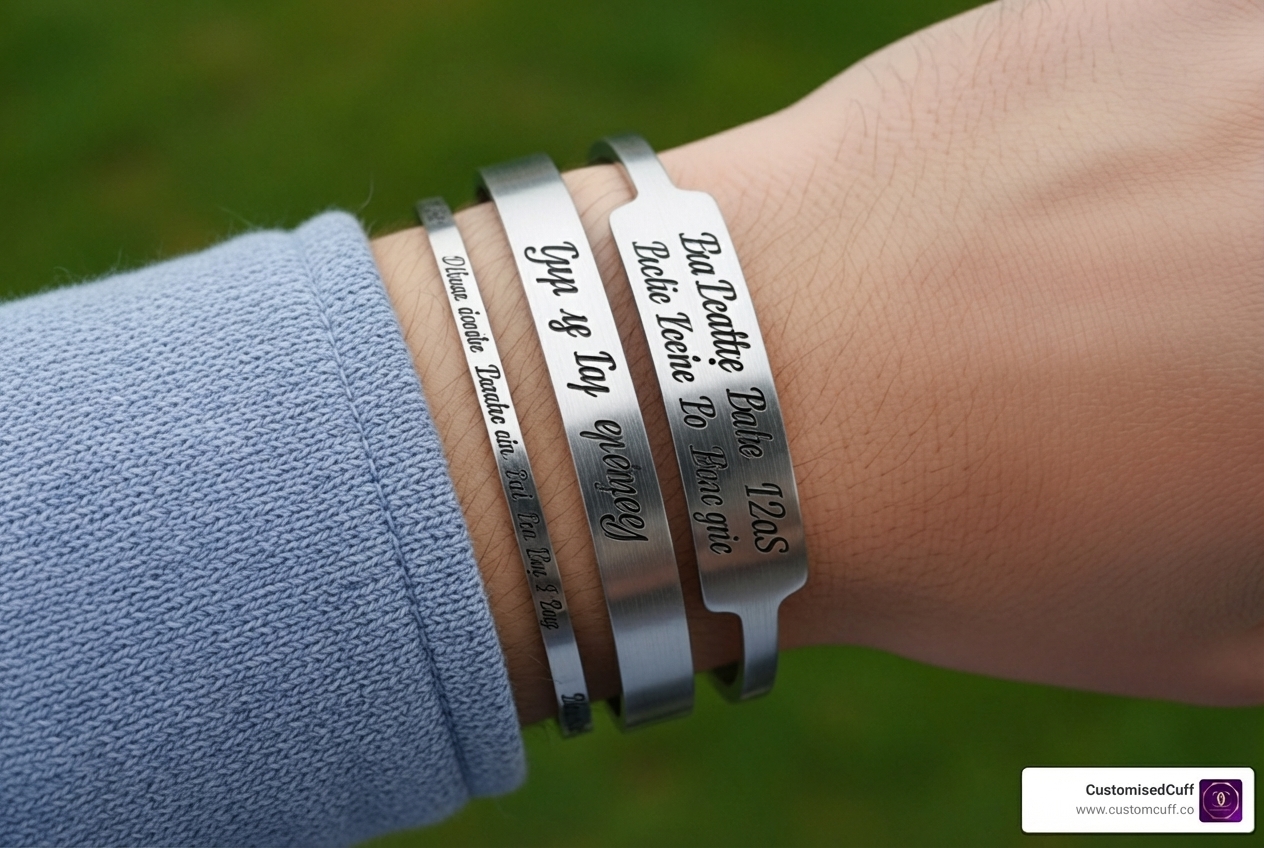 Image showing three different widths of aluminum bracelets on a wrist, with example engravings: a thin 1/4" bracelet with a single line of text, a medium 1/2" bracelet with two lines, and a wide 1" bracelet with three lines of text - engraved aluminum bracelets