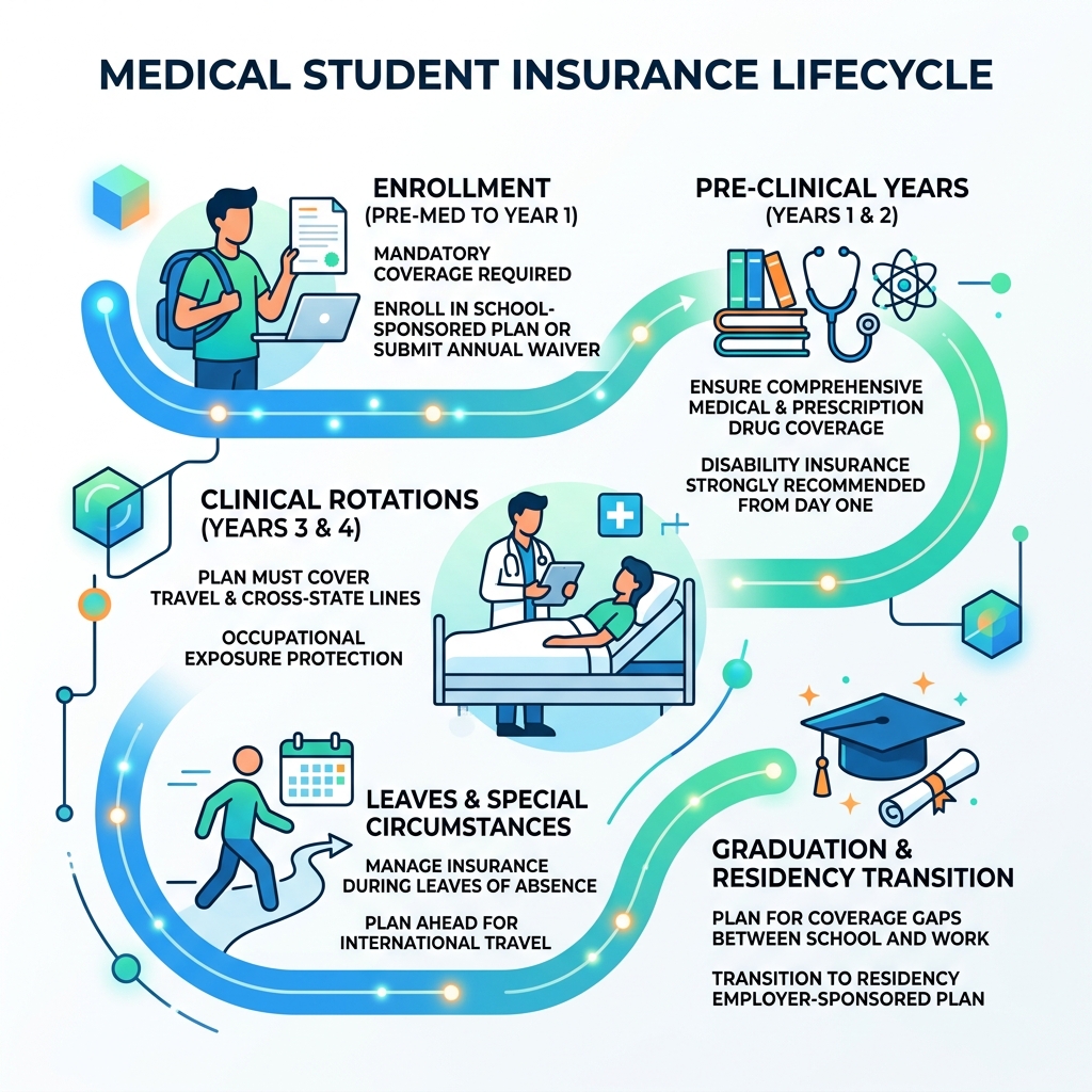Medical student insurance lifecycle from enrollment to residency - health insurance for medical students infographic Medical student insurance lifecycle from enrollment to residency - health insurance for medical students infographic