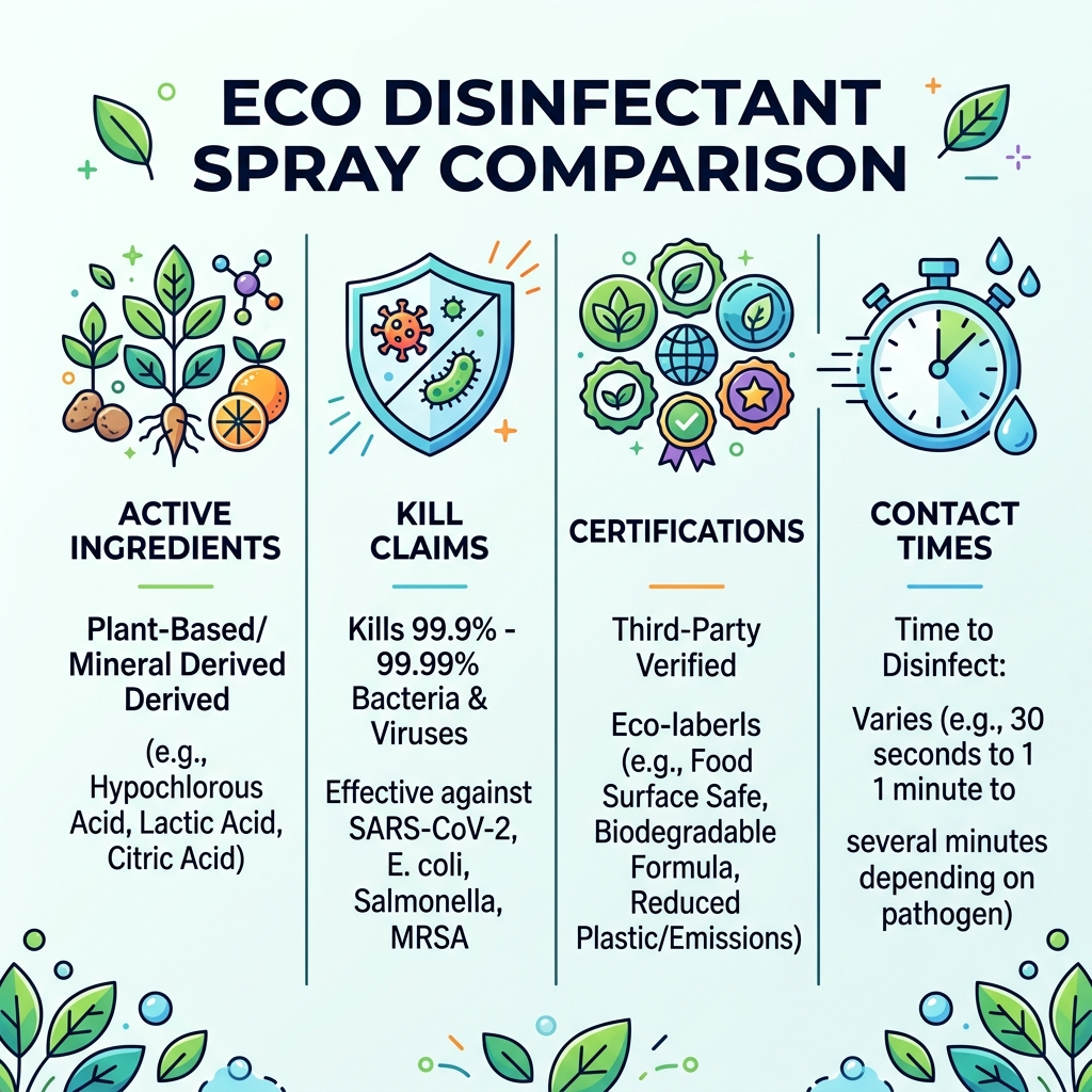 Infographic comparing eco disinfectant spray ingredients, kill claims, certifications, and contact times - eco disinfectant