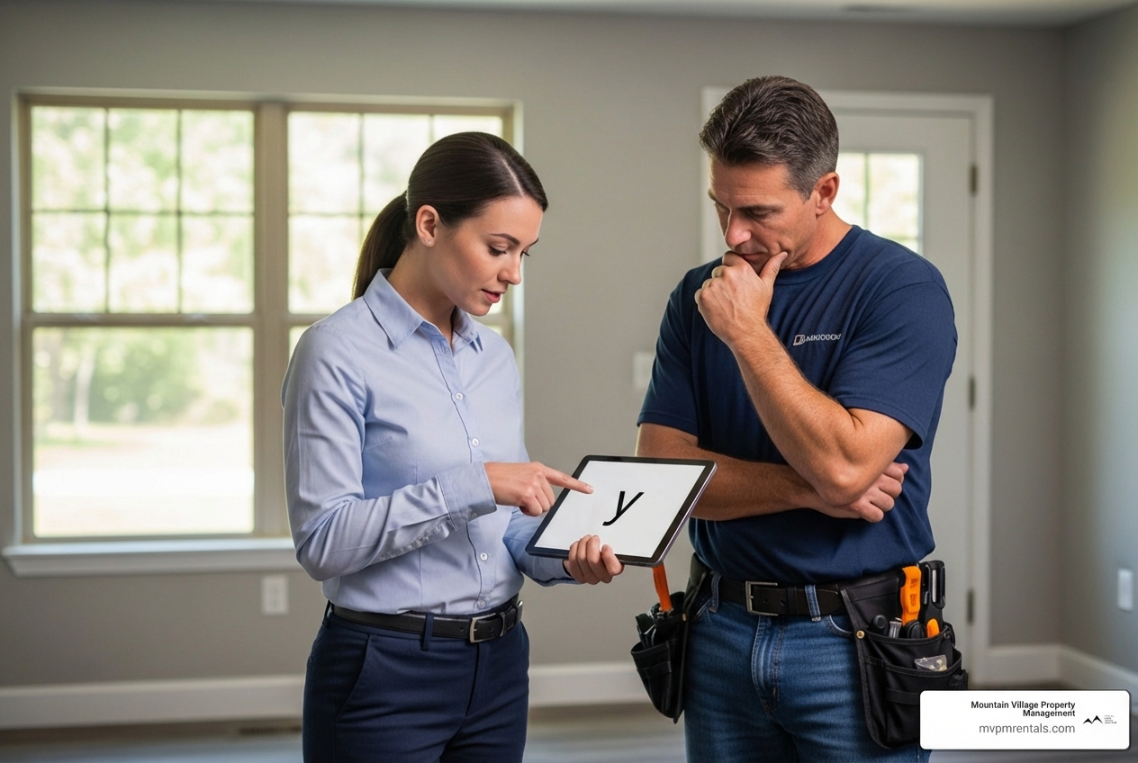 A Mountain Village Property Management team member and a contractor reviewing a maintenance checklist on a tablet inside a rental property. - butte mt property management