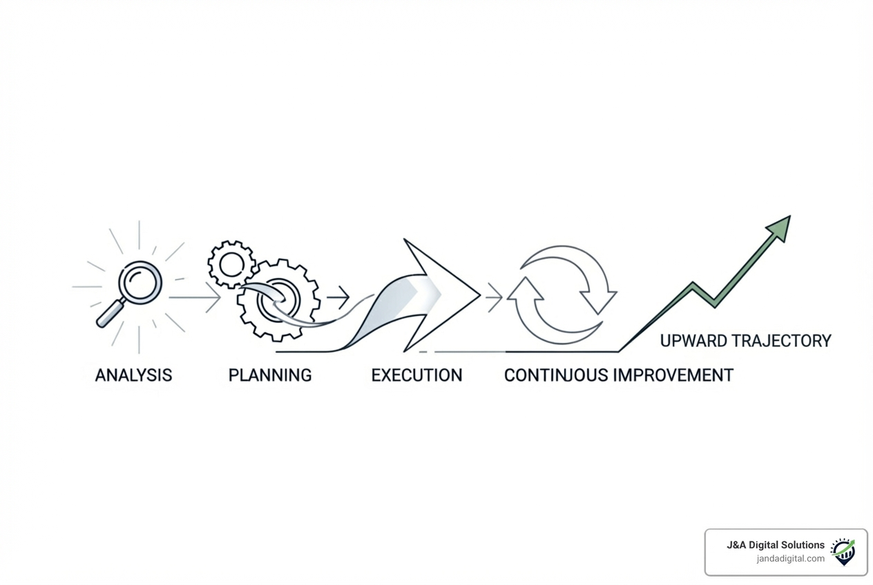 a workflow diagram showing the seo process from initial audit, strategy development, implementation, to ongoing management and reporting - seo optimization service