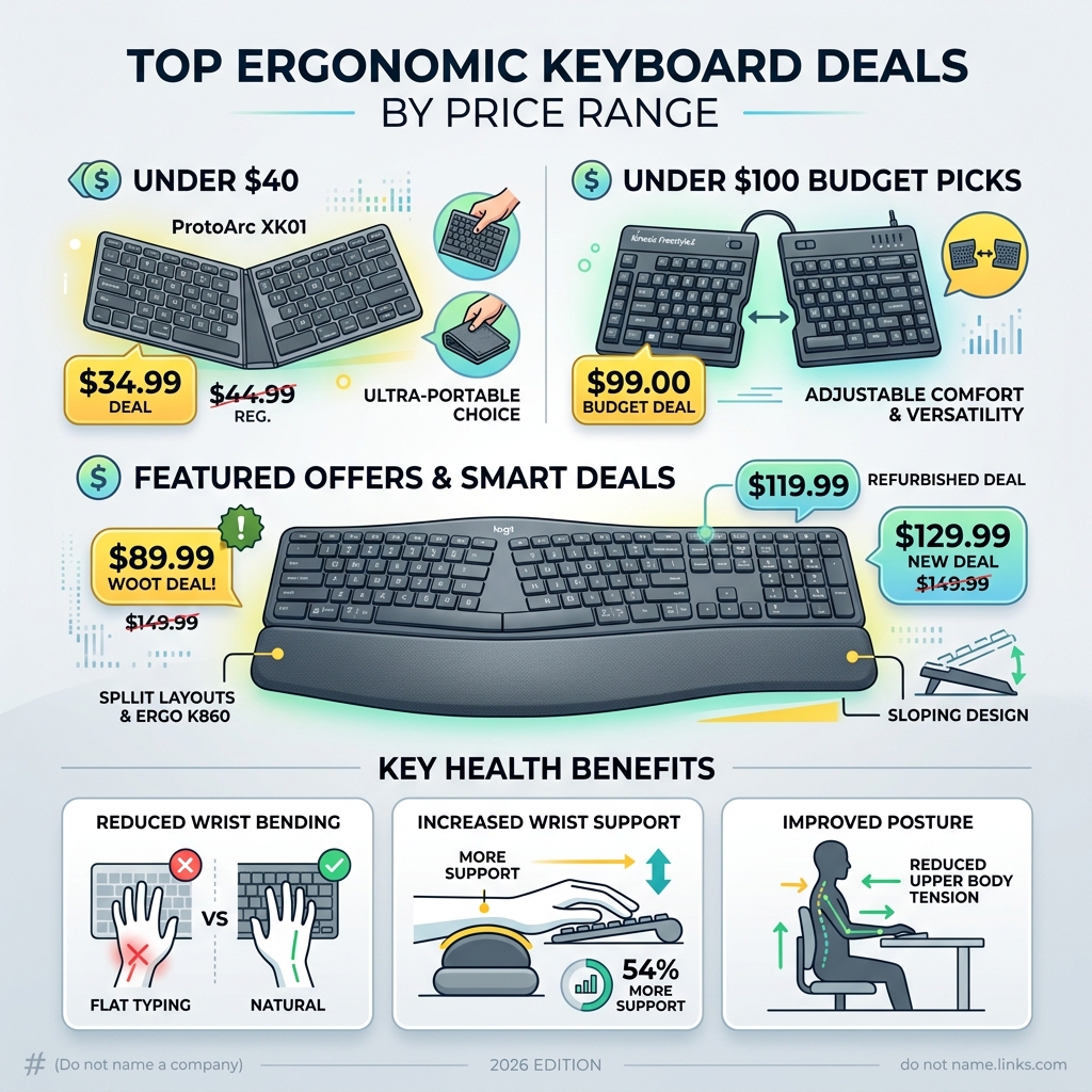 infographic showing top ergonomic keyboard deals by price range and key health benefits - Ergonomic keyboard deals