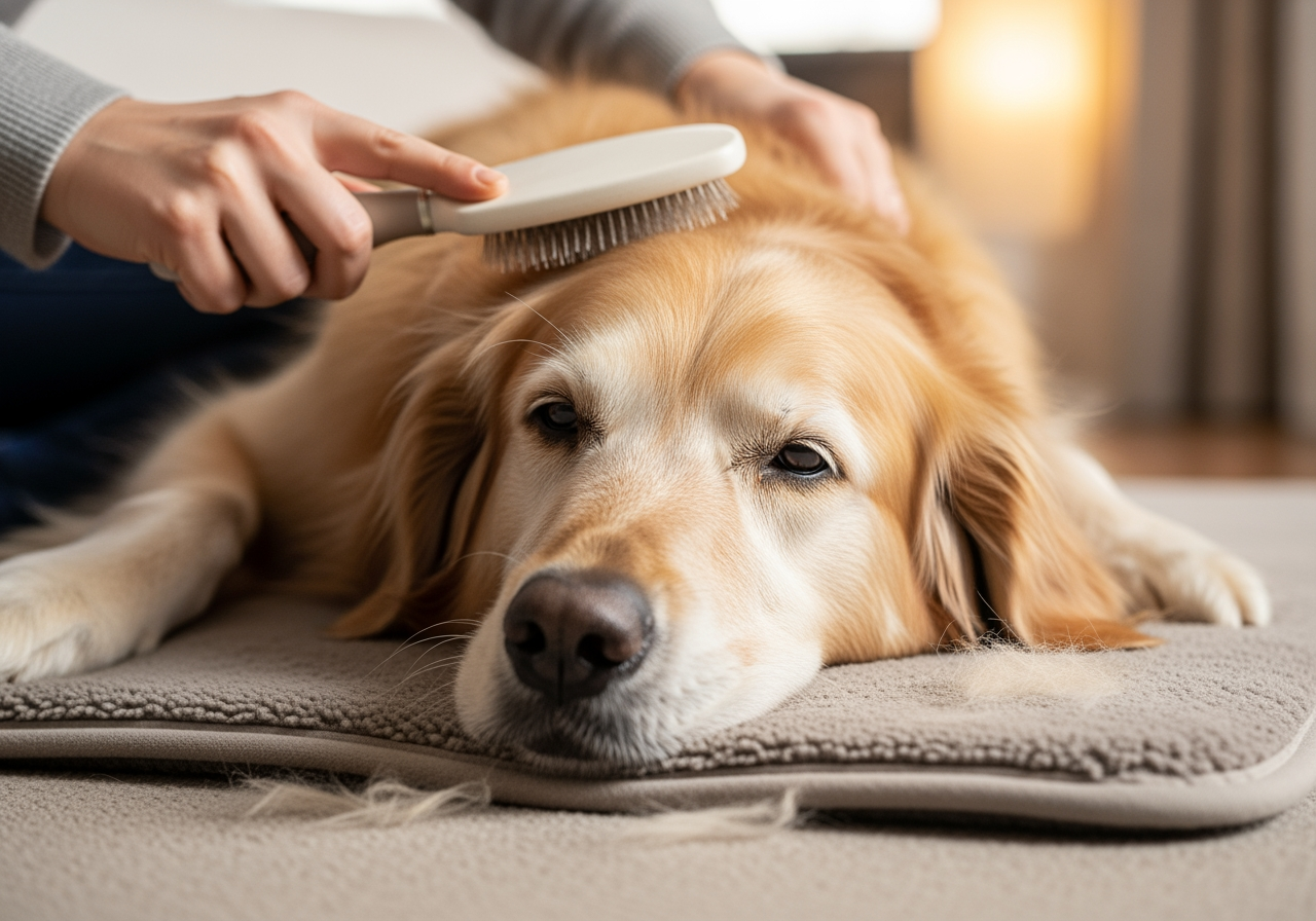 elderly dog being gently groomed on a comfortable mat - Gentle touch grooming