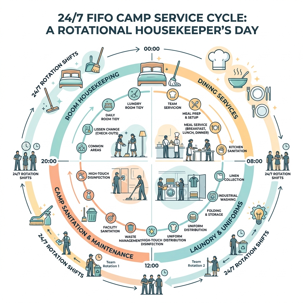 Infographic showing the 24/7 FIFO camp service cycle including housekeeping, dining, laundry, and sanitation shifts