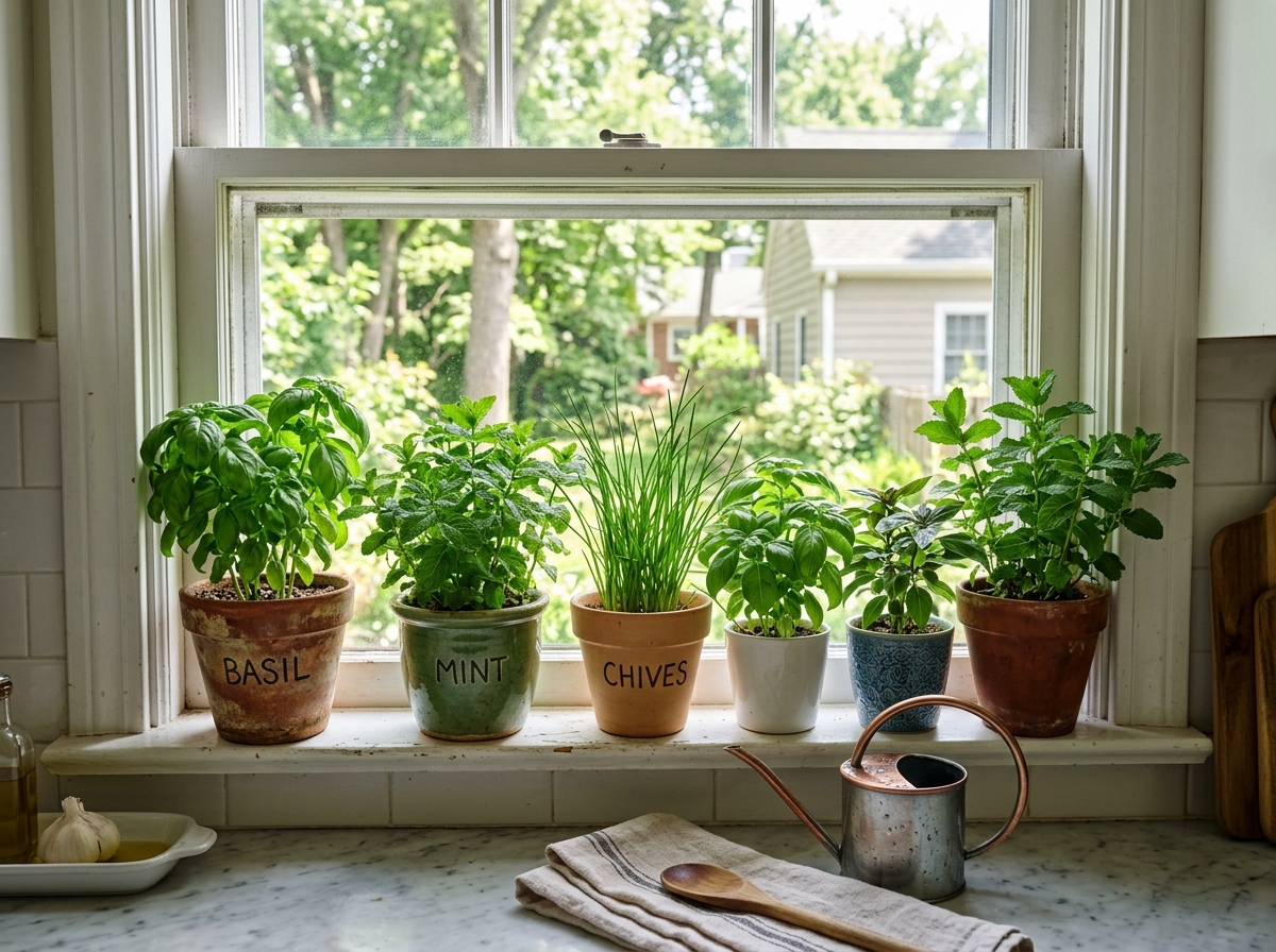 Collection of potted basil, chives, and mint on a kitchen windowsill - easy to grow indoor herbs