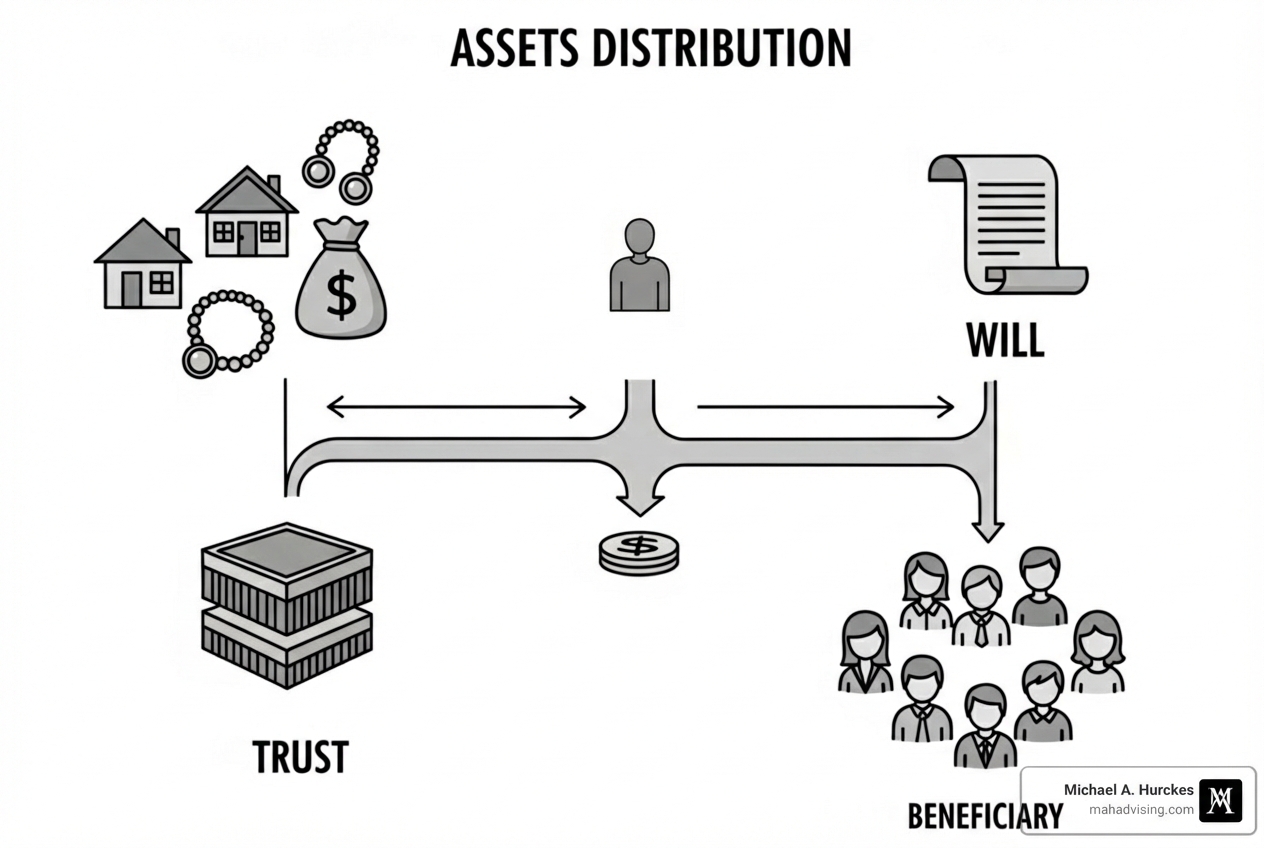 A flowchart showing asset transfer through a trust versus a will - estate planning strategy