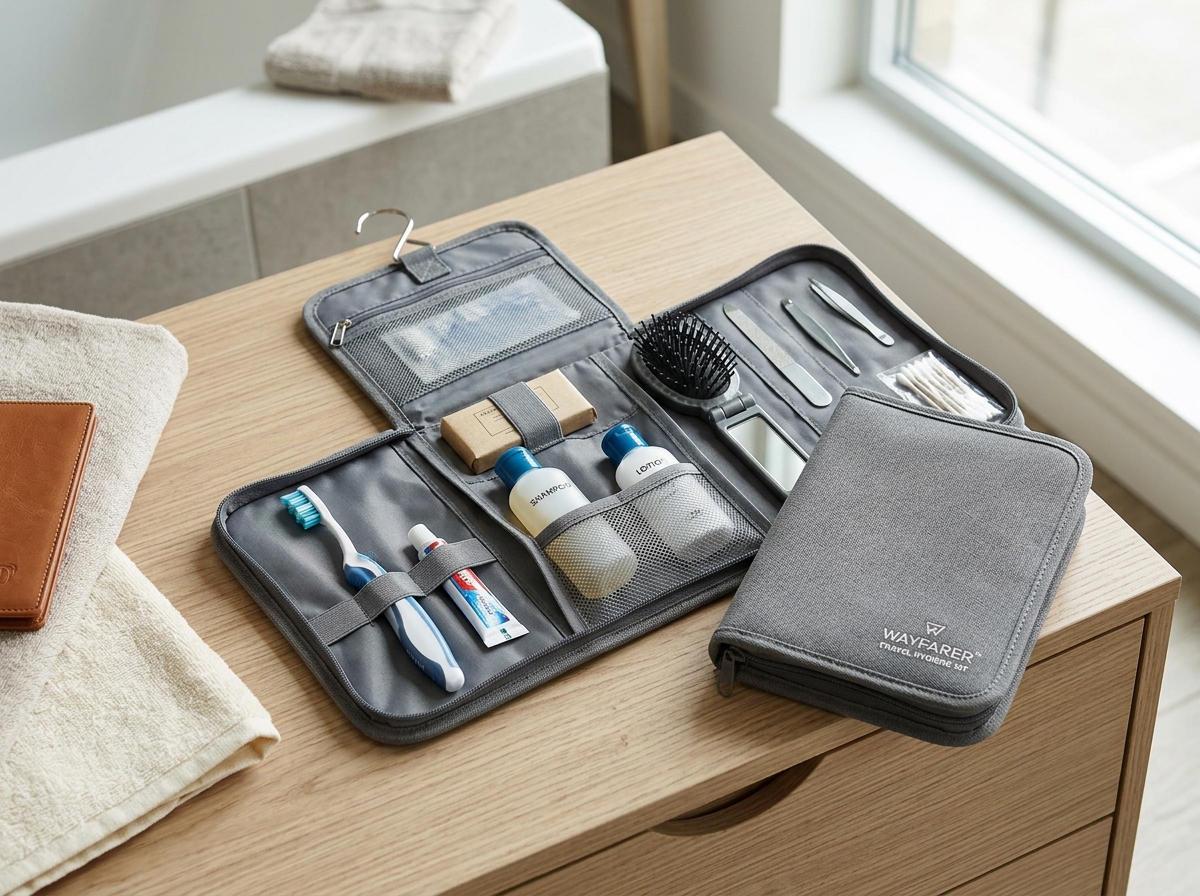 Internal mesh pockets and hanging hook in a travel kit - foldable travel hygiene kit