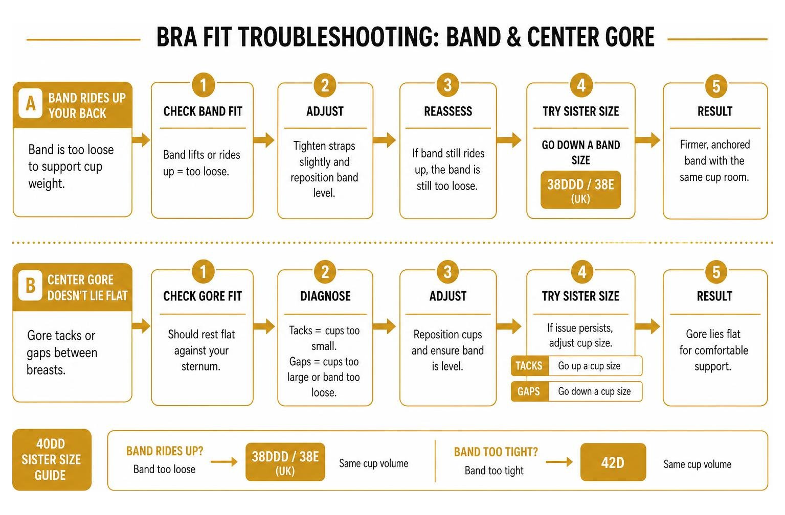 Diagram explaining bra fit troubleshooting sequence for band riding up and center gore placement