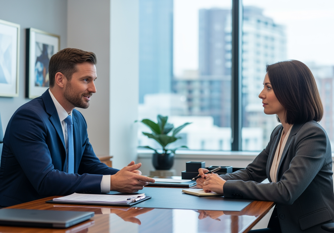 a lawyer confidently speaking with a client in an office setting - Specialized Legal Representation