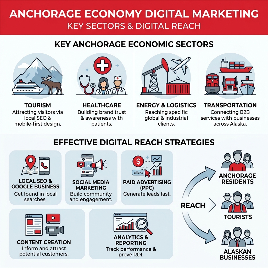 Anchorage economy digital marketing infographic showing key sectors and digital reach - anchorage digital marketing