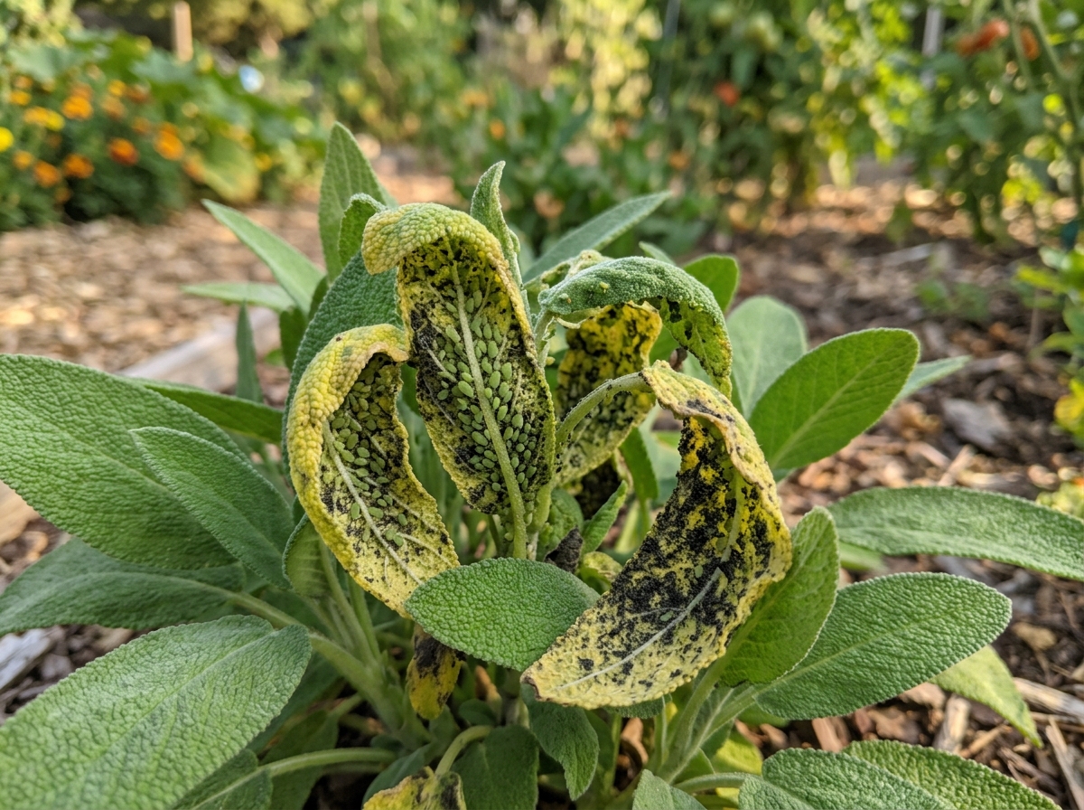 aphid damage on aromatic sage leaves - sage aphid ladybug release