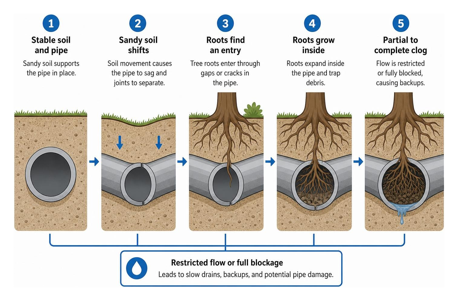 Diagram showing how sandy soil shifting and tree roots impact underground sewer pipes Diagram showing how sandy soil shifting and tree roots impact underground sewer pipes