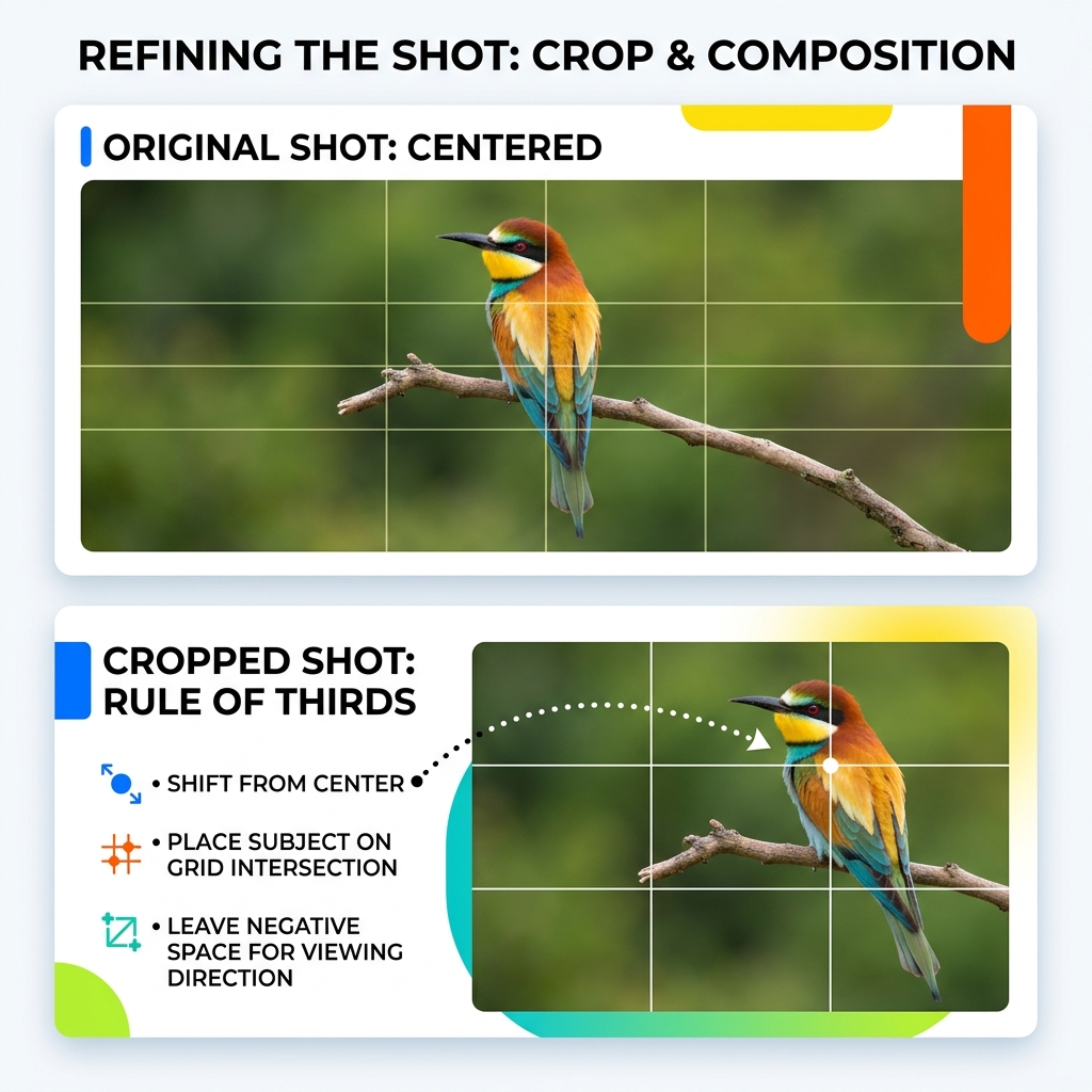 Infographic: Before and after crop showing the shift from centered to rule of thirds - composition tips bird photos