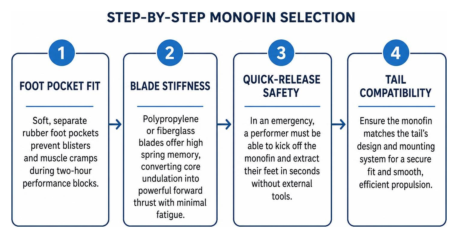 Step-by-step monofin selection: foot pocket fit, blade stiffness, quick-release safety, and tail compatibility