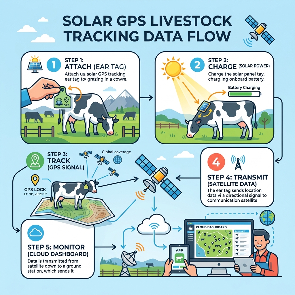 Solar GPS livestock tracking data flow from animal ear tag to satellite to cloud dashboard - ranch solar gps locator