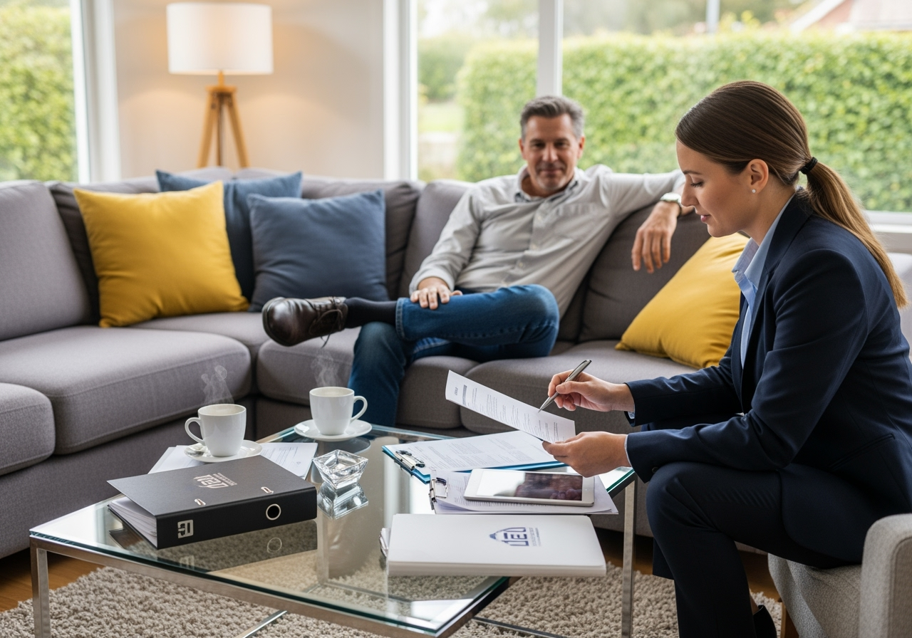 Homeowner relaxing while paperwork is handled by a professional – alt text: "Sell your San Antonio house as-is, no repairs or cleaning needed" - how to sell your house to an investor