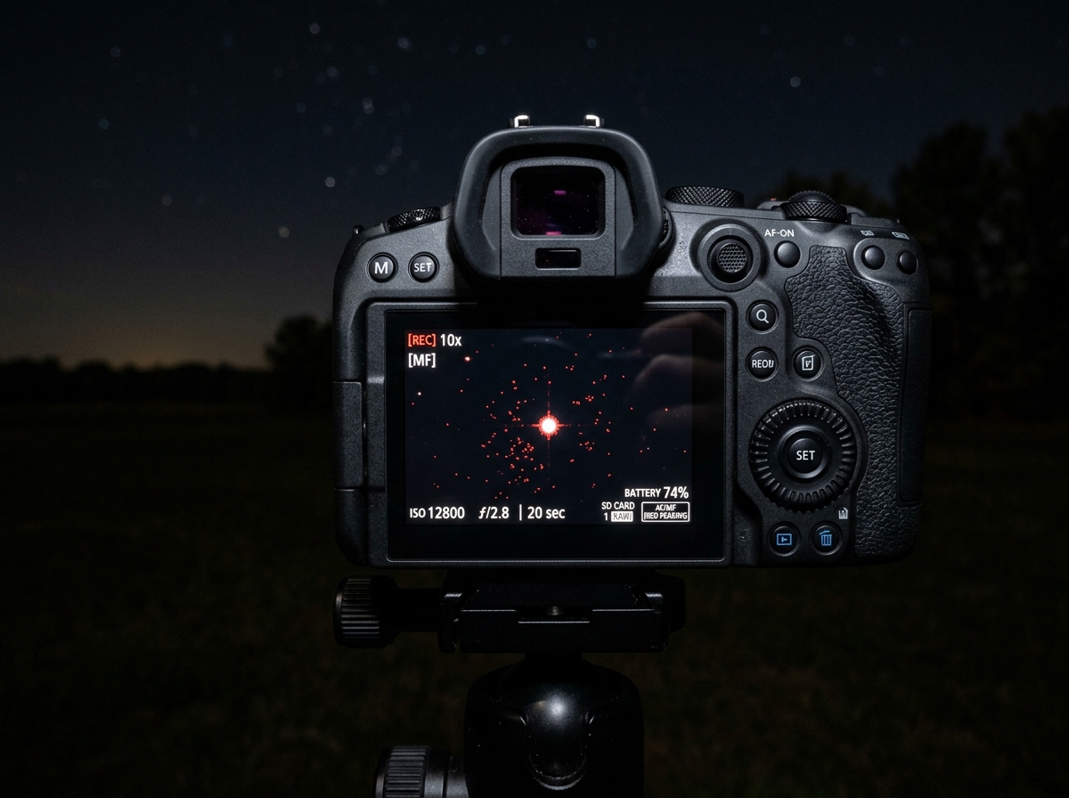 Camera LCD screen showing a magnified star during manual focus - manual focus night stars