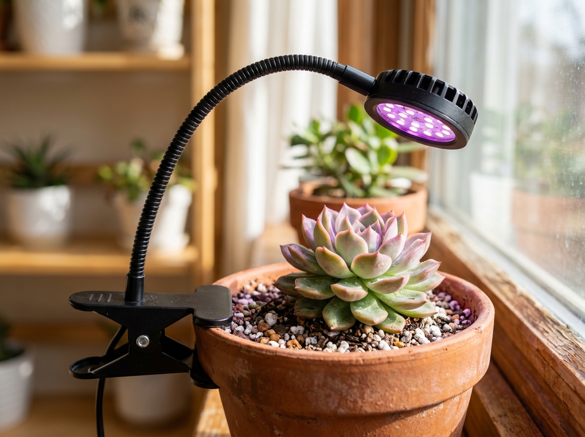 Clip-on gooseneck grow light attached to a small terracotta pot - easy install succulent lights Clip-on gooseneck grow light attached to a small terracotta pot - easy install succulent lights