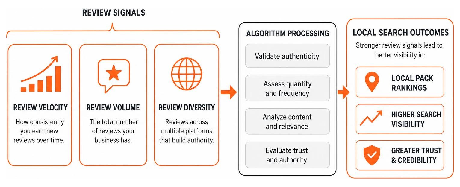 Diagram showing how review velocity, volume, and diversity influence local search algorithms Diagram showing how review velocity, volume, and diversity influence local search algorithms