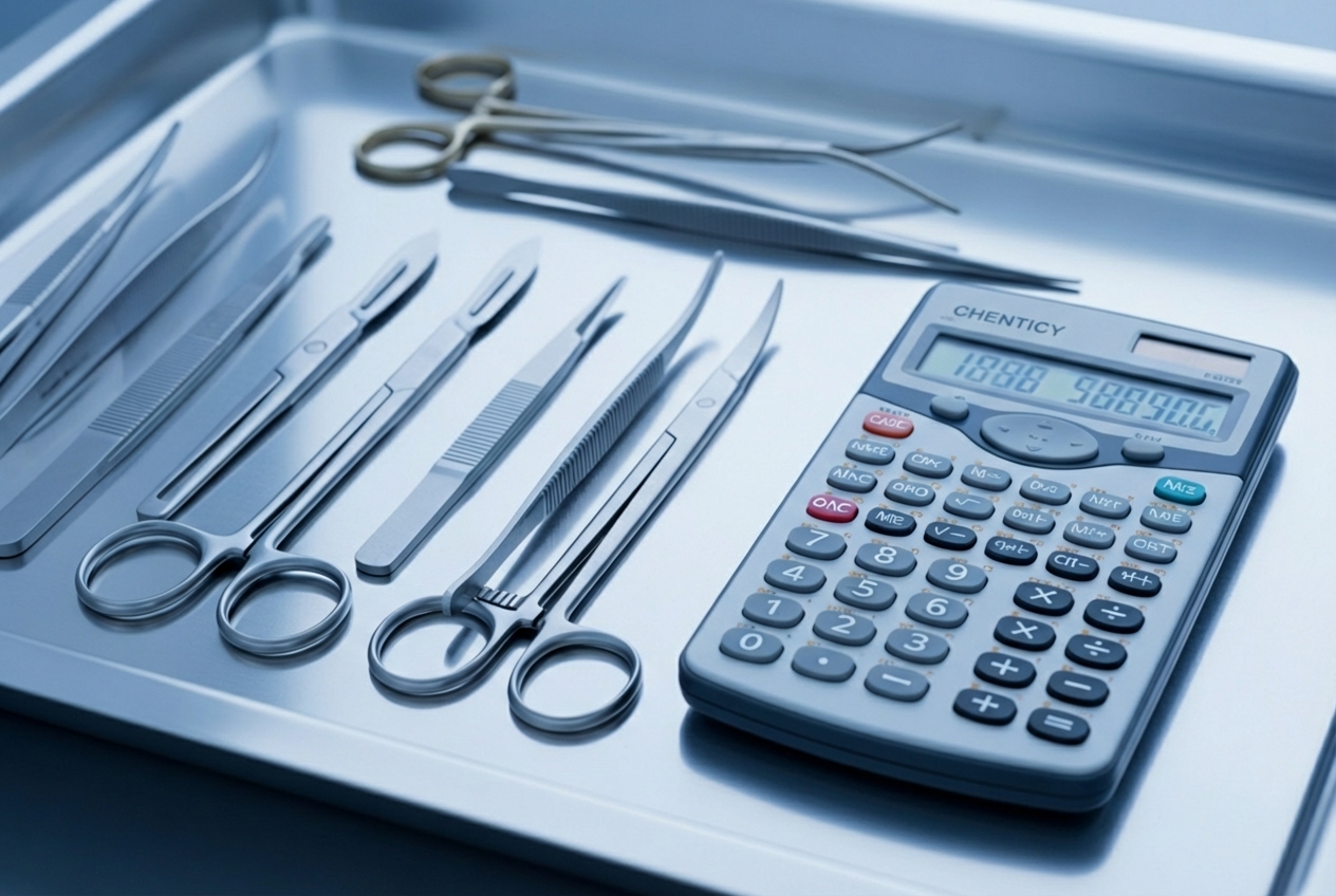 calculator next to medical tools - Neck lift cost