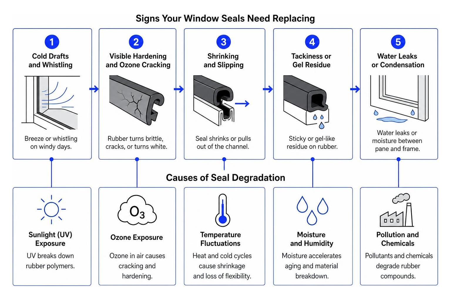 Diagram illustrating signs of failing window seals and causes of degradation Diagram illustrating signs of failing window seals and causes of degradation