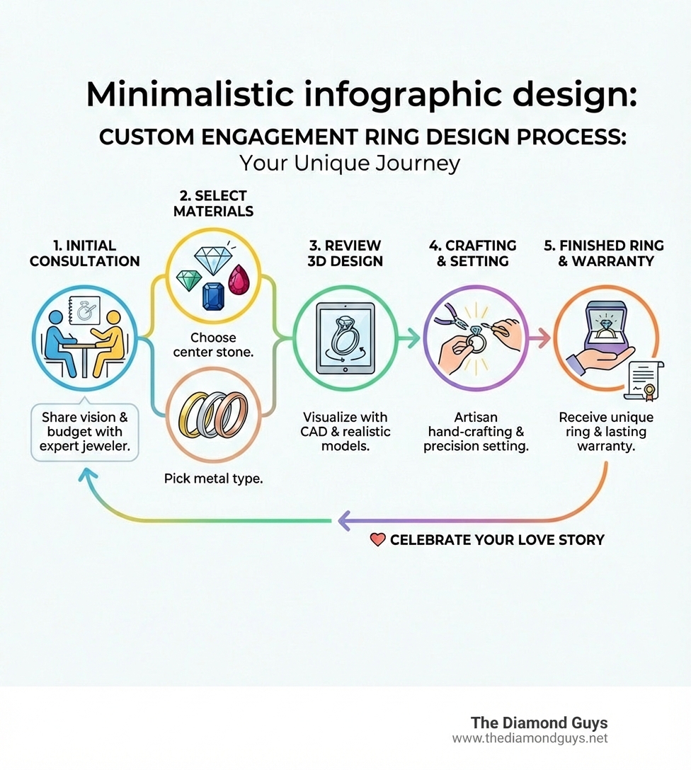 infographic showing the custom engagement ring design process: initial consultation with jeweler, selecting center stone and metal type, reviewing CAD designs and 3D models, final crafting and hand-setting by artisans, and receiving your unique finished ring with warranty - custom engagement rings infographic 