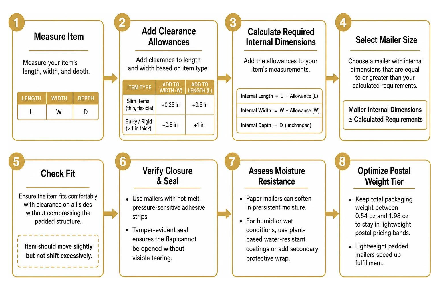 Step-by-step framework for calculating mailer dimensions and clearance allowances