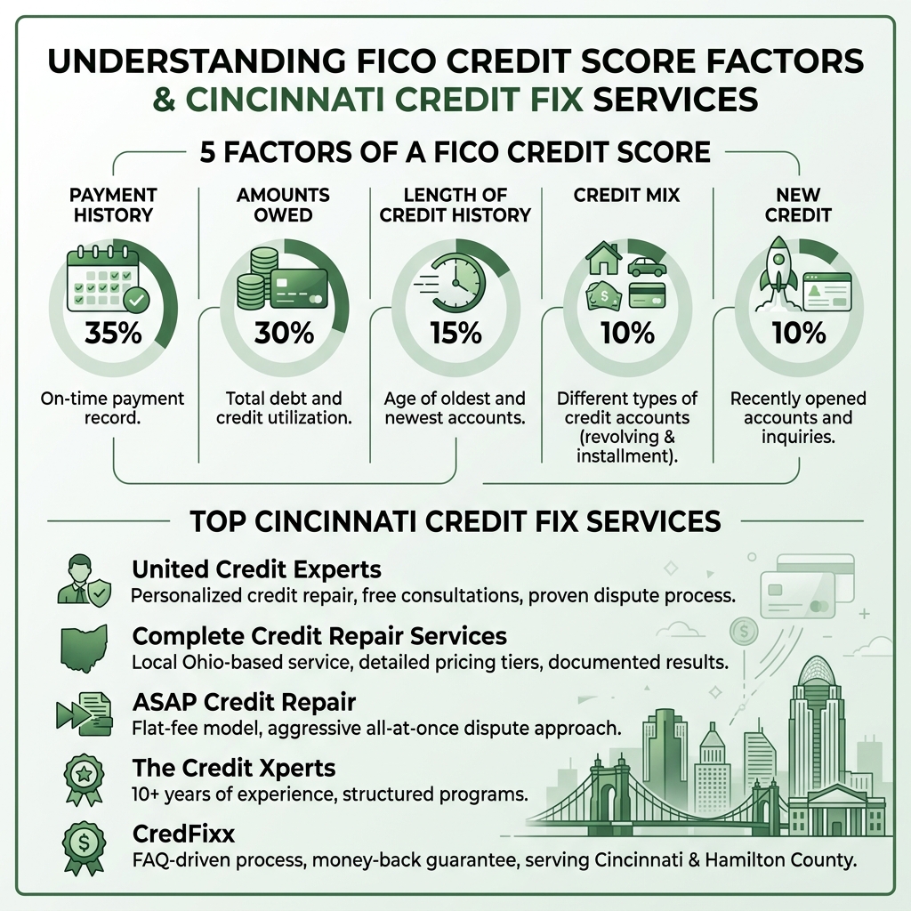 Infographic showing the five factors of a FICO credit score and top Cincinnati credit fix services - cincinnati credit fix Infographic showing the five factors of a FICO credit score and top Cincinnati credit fix services - cincinnati credit fix