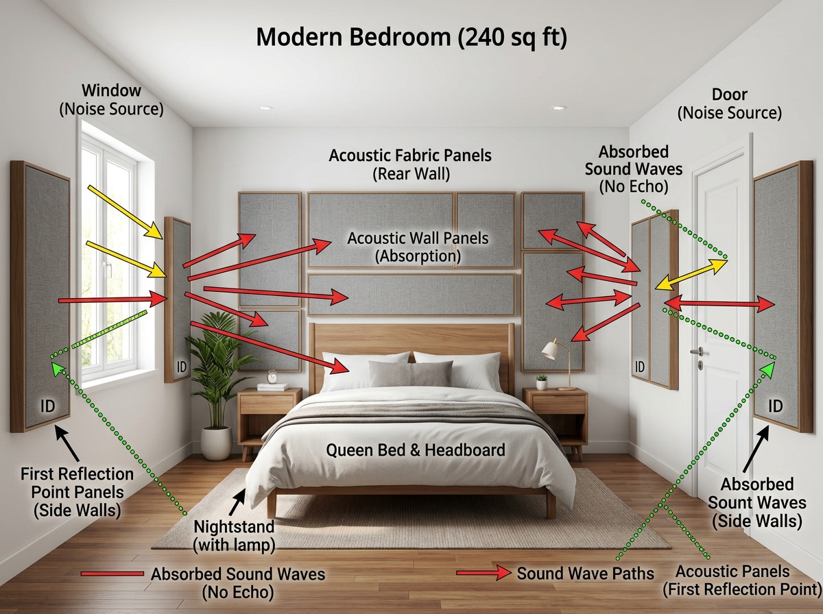 diagram showing acoustic panels placed at first reflection points and behind a bed headboard - acoustic panels bedroom noise