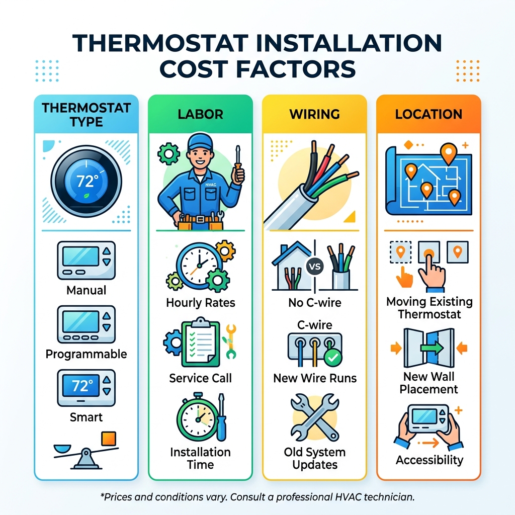 Infographic showing thermostat installation cost factors including type, labor, wiring, and location - thermostat Infographic showing thermostat installation cost factors including type, labor, wiring, and location - thermostat