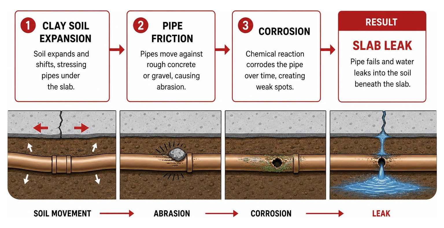 Diagram showing how clay soil expansion, pipe friction, and corrosion cause a slab leak