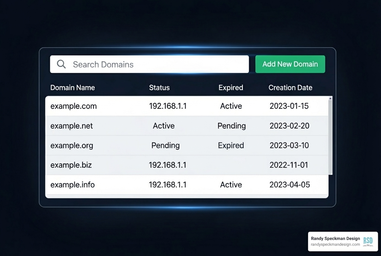 A screenshot of a reverse IP lookup tool showing a list of domain names (e.g., example.com, test-site.net, myblog.org) all associated with a single IP address, with columns for domain name, status, and creation date - find all domains hosted on an ip address