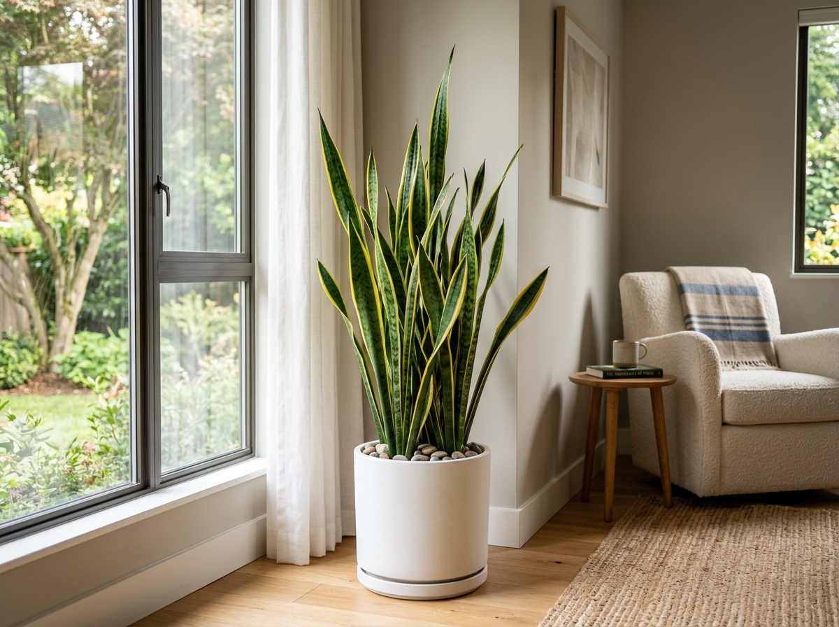 A tall Snake Plant in a modern white ceramic pot standing in a sunlit corner - hardiest indoor plants A tall Snake Plant in a modern white ceramic pot standing in a sunlit corner - hardiest indoor plants