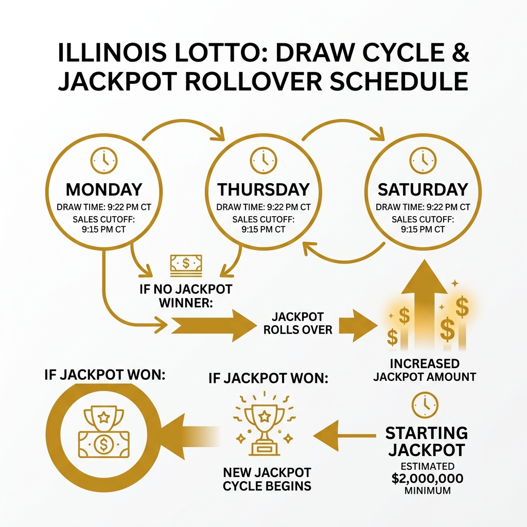 Illinois Lotto draw cycle jackpot rollover schedule infographic - Illinois lotto jackpot amount infographic Illinois Lotto draw cycle jackpot rollover schedule infographic - Illinois lotto jackpot amount infographic