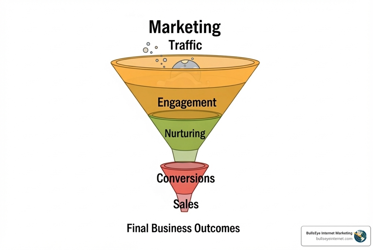 funnel showing how PPC drives traffic that converts to leads and sales - pay per click campaign management services Marketing funnel diagram illustrating stages: Traffic, Engagement, Nurturing, Conversions, Sales, and Final Business Outcomes, branded by Bullseye Internet Marketing.