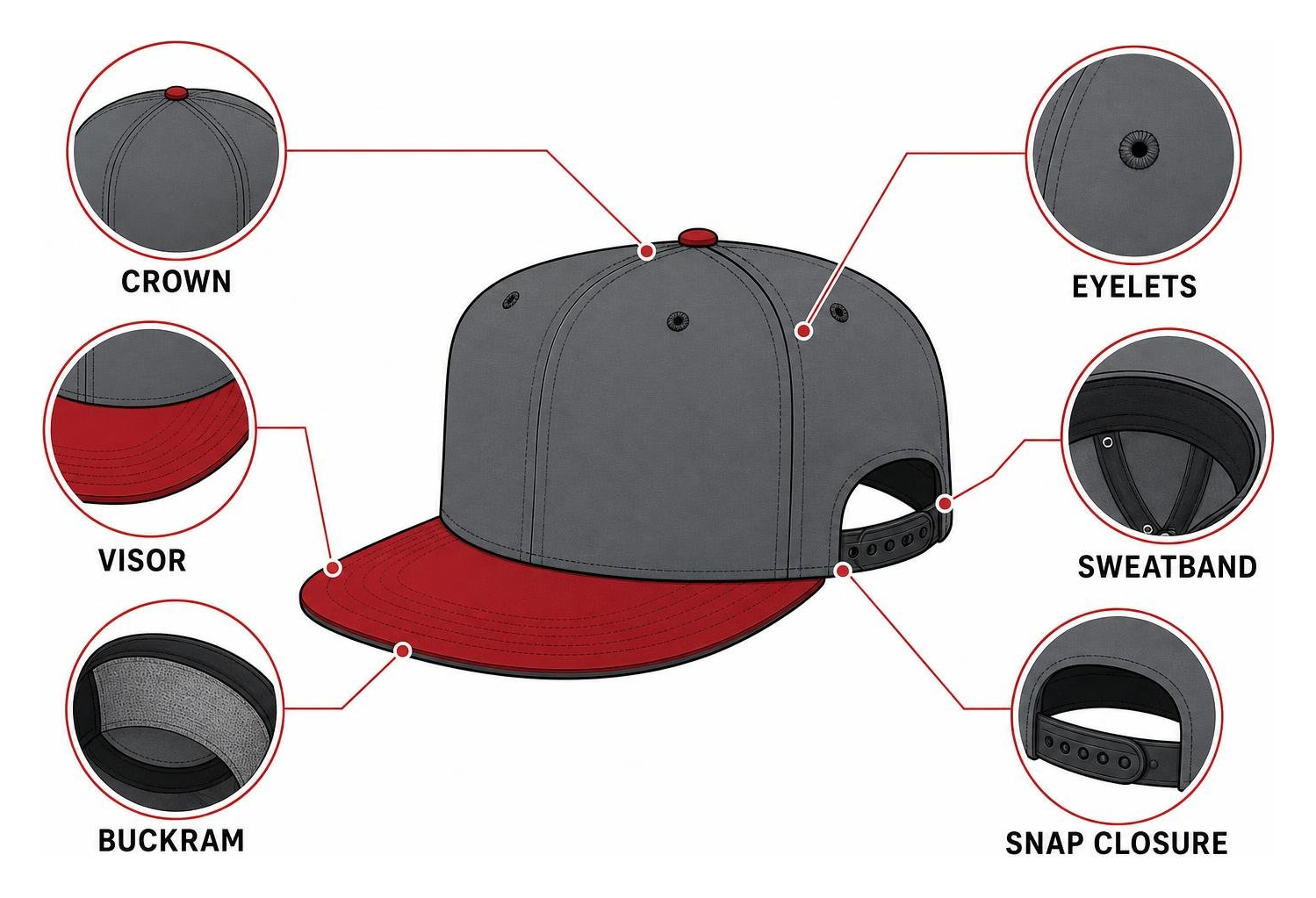 Diagram of snapback hat components highlighting the crown, visor, buckram, eyelets, sweatband, and snap closure Diagram of snapback hat components highlighting the crown, visor, buckram, eyelets, sweatband, and snap closure
