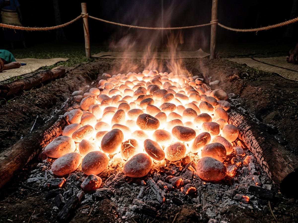 Glowing river stones in Fiji prepared for a fire walking ceremony - cultural fire walking solo