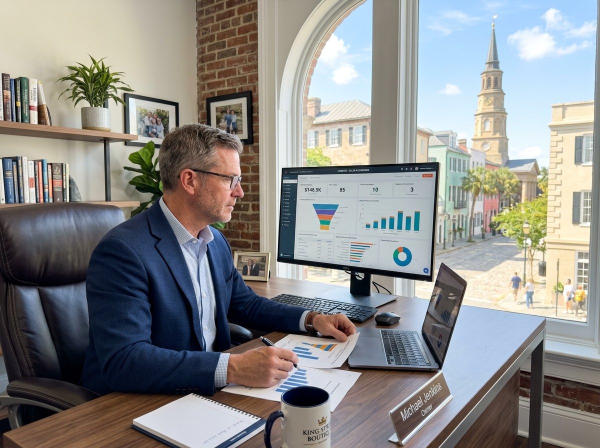 Charleston business owner reviewing sales data in a CRM - CRM lead tracking
