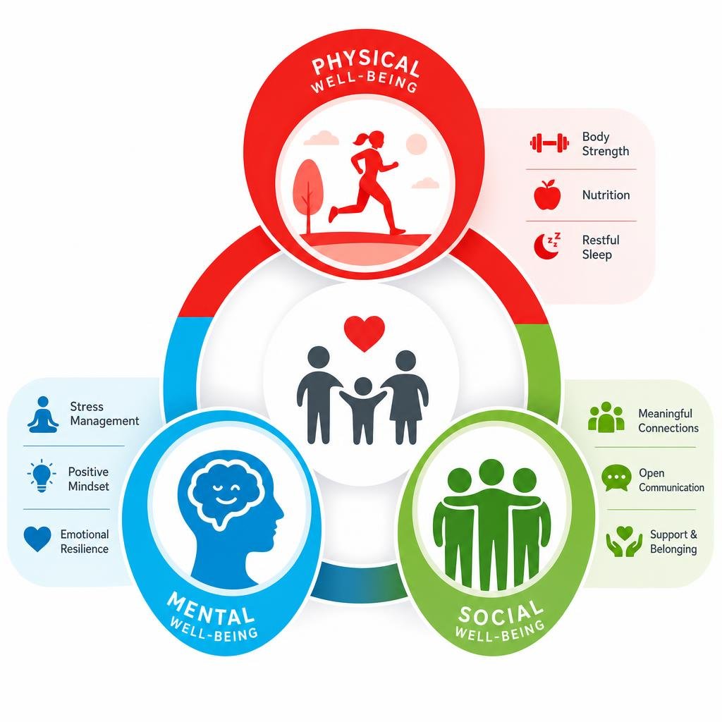 interconnected pillars of physical, mental, and social well-being infographic