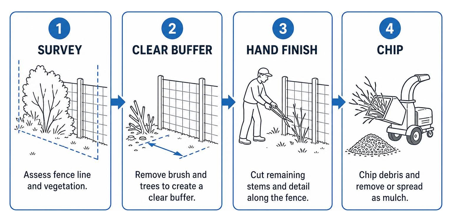 Fence clearing process: survey, clear buffer, hand finish, and chip Fence clearing process: survey, clear buffer, hand finish, and chip