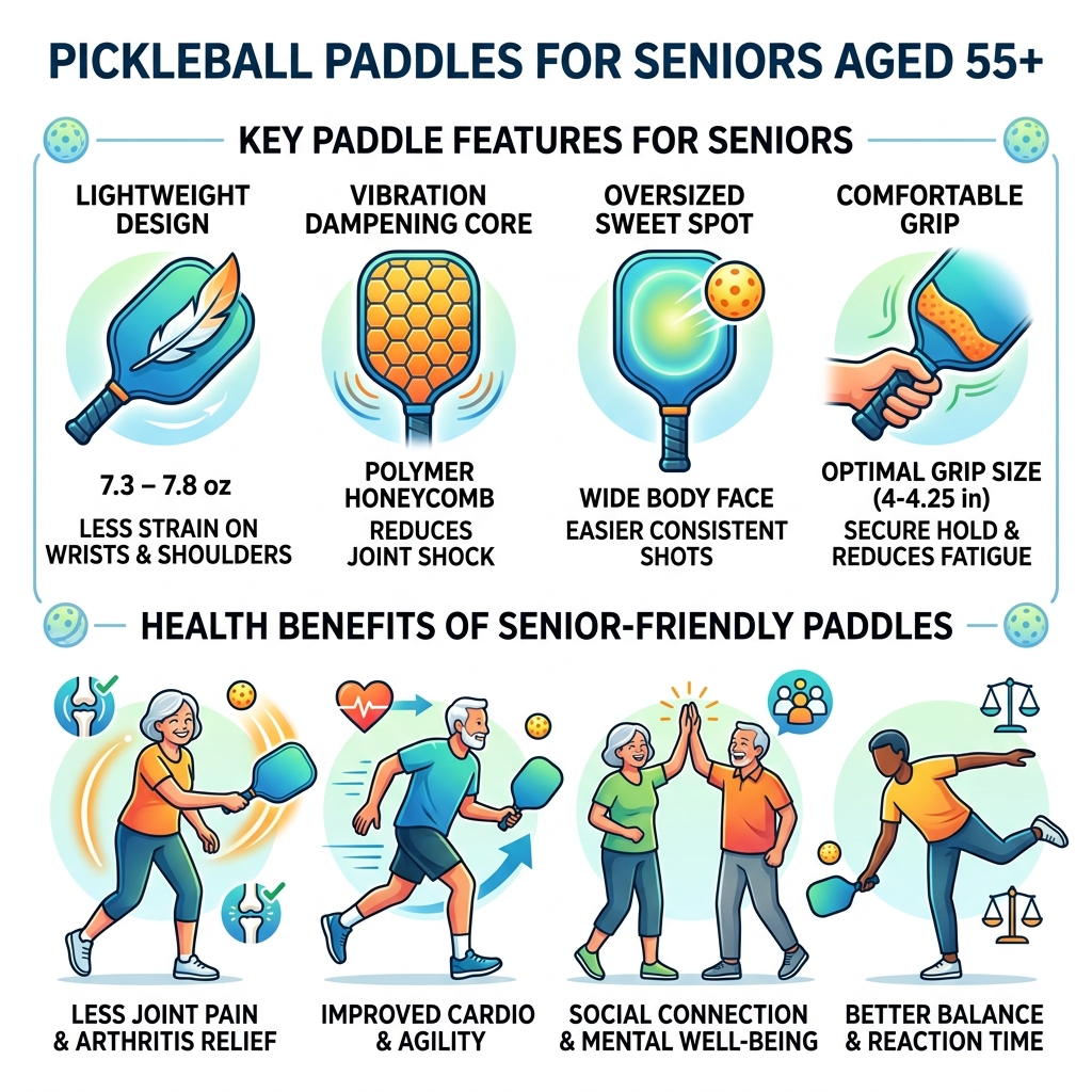 Key features and health benefits of pickleball paddles for seniors aged 55+ - pickleball paddle for elderly infographic Key features and health benefits of pickleball paddles for seniors aged 55+ - pickleball paddle for elderly infographic