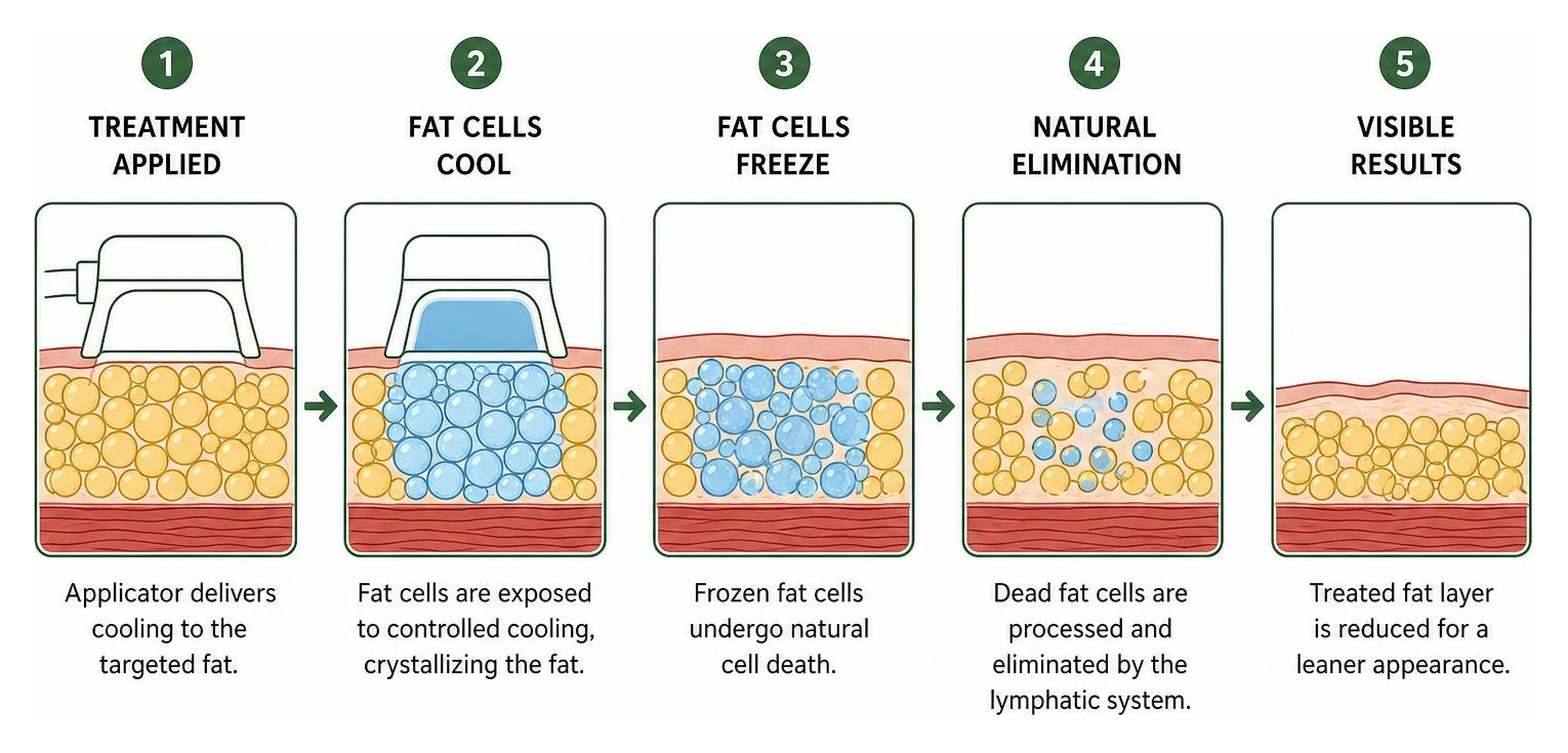 Diagram Of The Cryolipolysis Process Showing Fat Cells Freezing And Naturally Eliminating