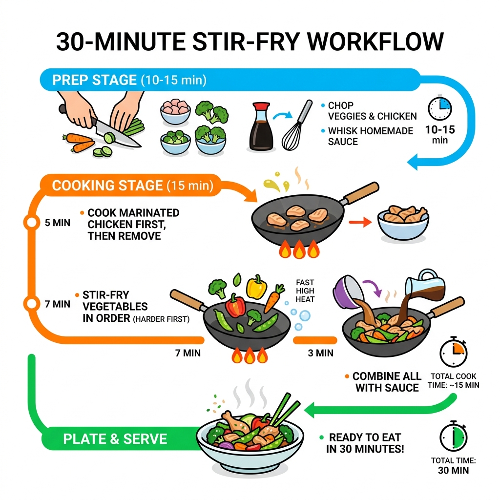 30-minute stir fry workflow from prep to plate with key steps and timing - chicken and vegetable stir fry healthy
