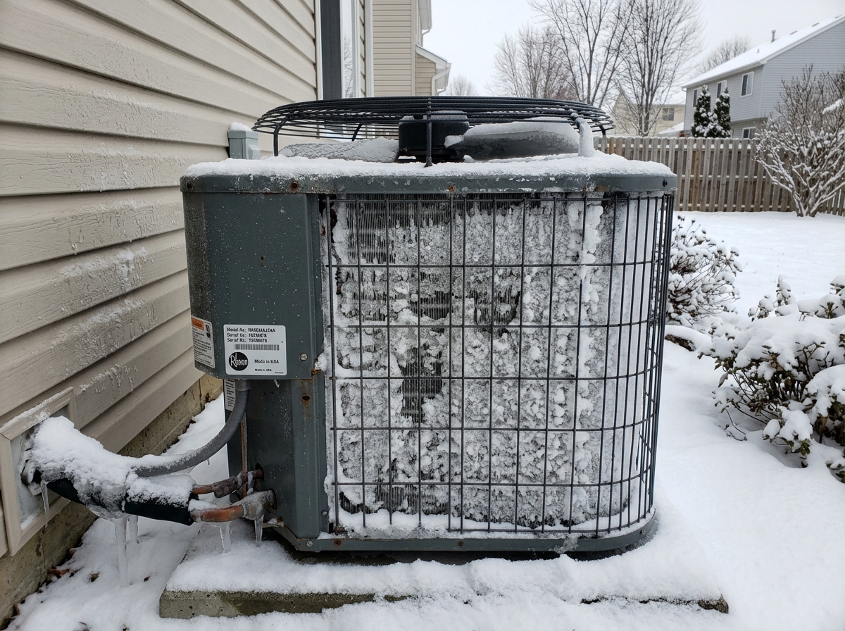 A frozen air conditioner unit showing ice buildup on coils - HVAC emergency service Sandy
