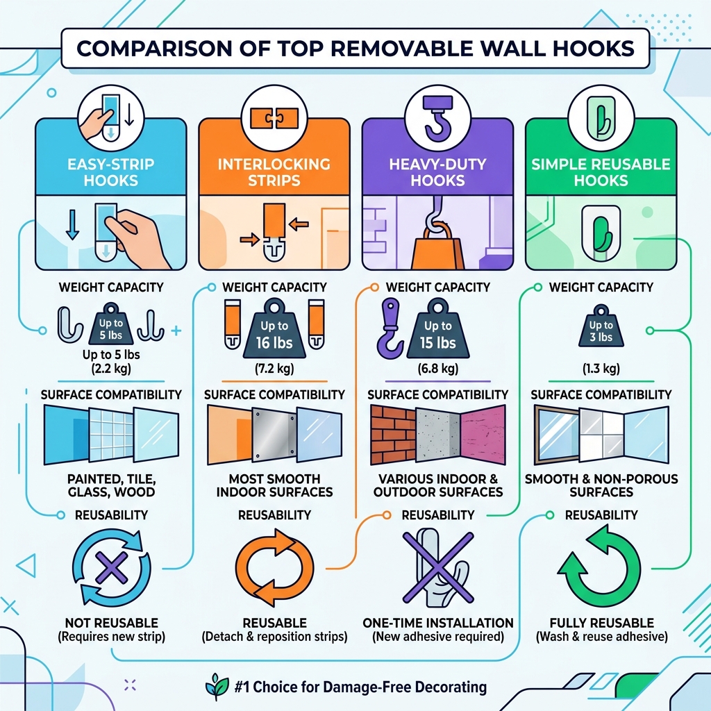Infographic comparing top removable wall hooks by weight capacity, surface compatibility, and reusability - removable wall Infographic comparing top removable wall hooks by weight capacity, surface compatibility, and reusability - removable wall