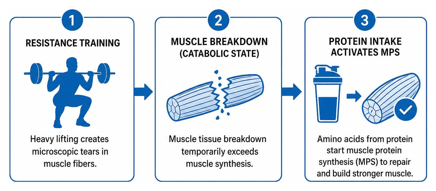 Sequence showing resistance training triggering muscle breakdown followed by protein intake activating muscle protein Sequence showing resistance training triggering muscle breakdown followed by protein intake activating muscle protein