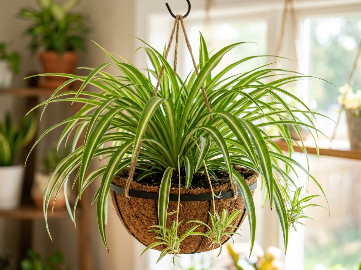 close up of a vibrant spider plant in a hanging basket - air filtration plant close up of a vibrant spider plant in a hanging basket - air filtration plant