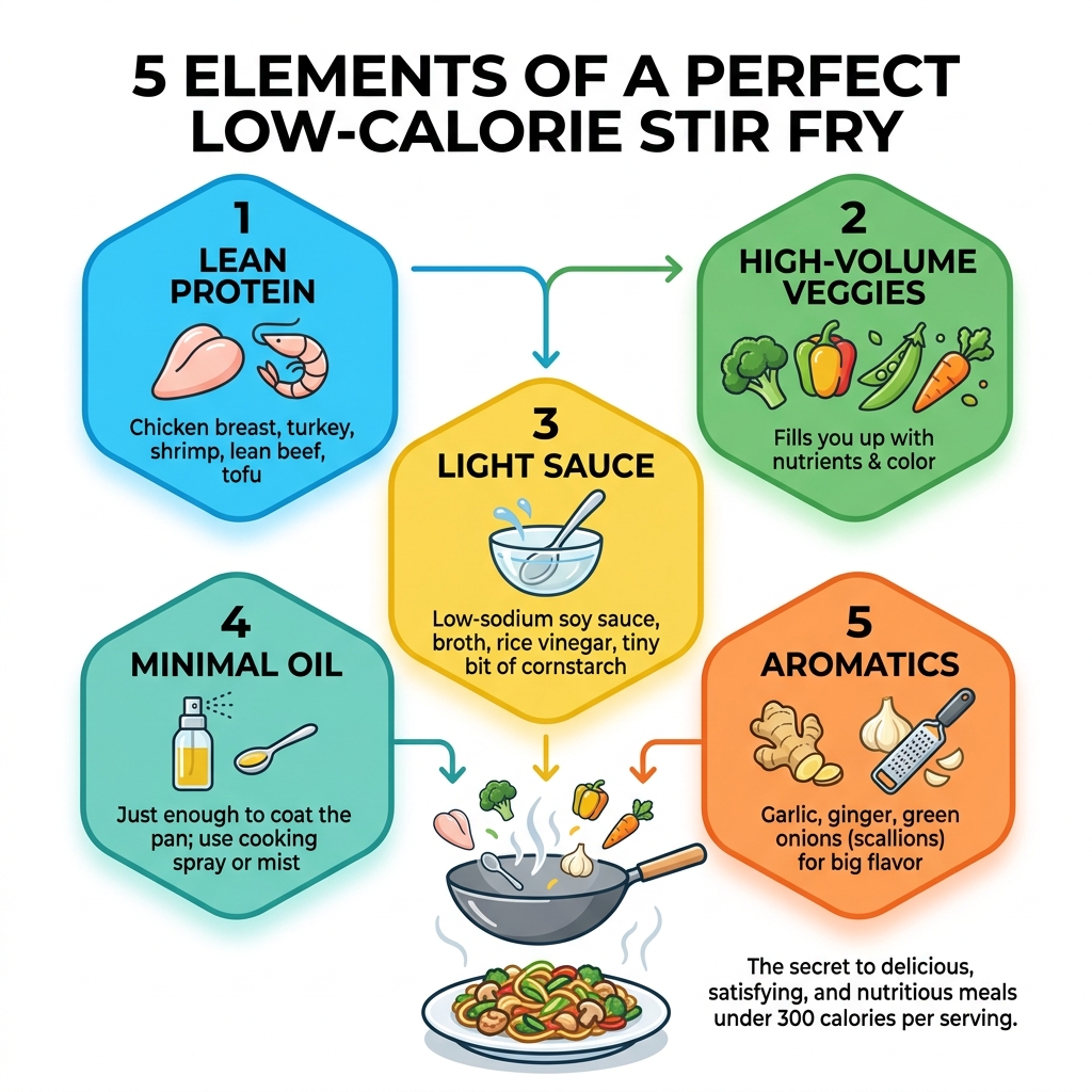 5 elements of a perfect low-calorie stir fry: lean protein, high-volume veggies, light sauce, minimal oil, aromatics - 300